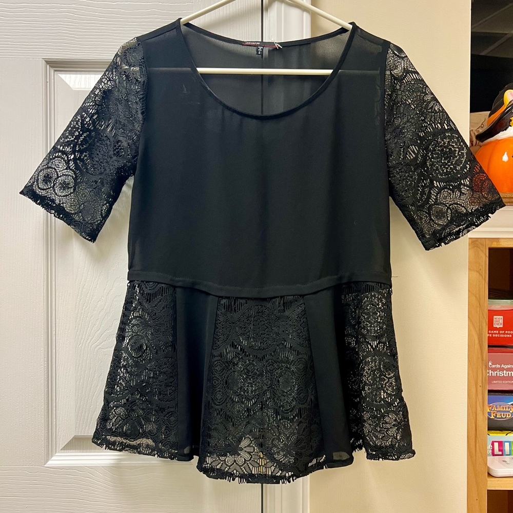 Love Culture Sheer Black Lace Peplum Blouse, NWOT, Small - Picture 7 of 9
